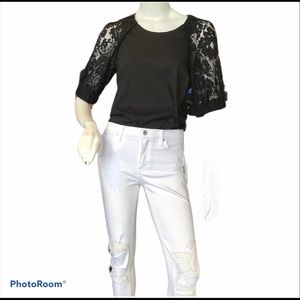 NWT-DKNY Lace Trim Sleeve Knit Top